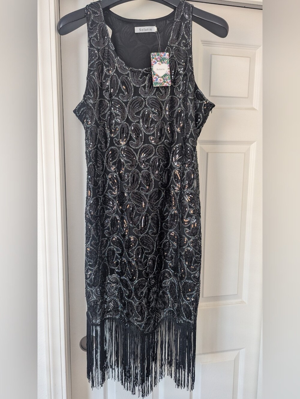 NWT Solatin Black Sequin Fringe Flapper Cocktail Dress XL
